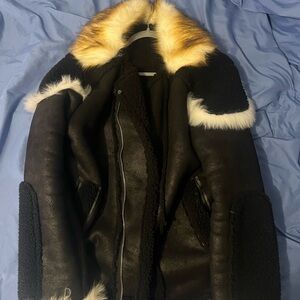 Men's Black Shearling Jacket with Faux Fur Collar